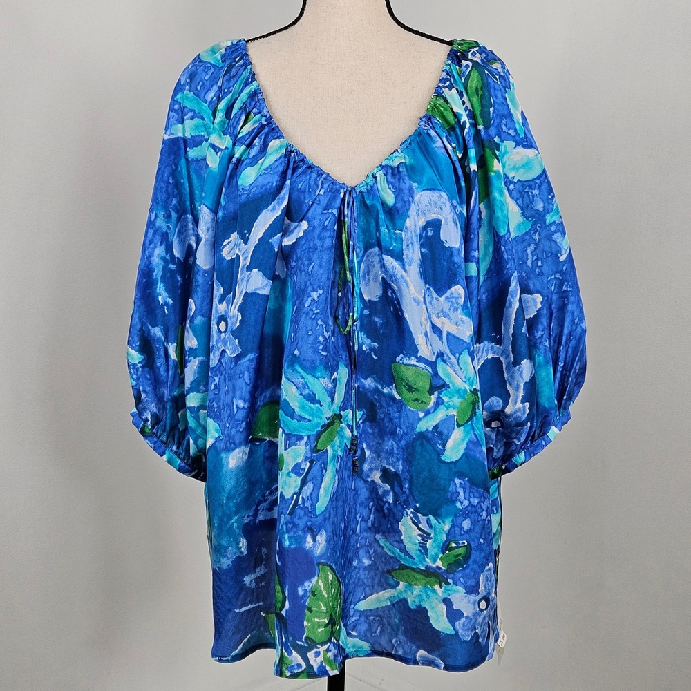 Lauren Ralph Lauren Silk Blouse Plus Size 3X Blue Floral NEW Balloon Sleeve